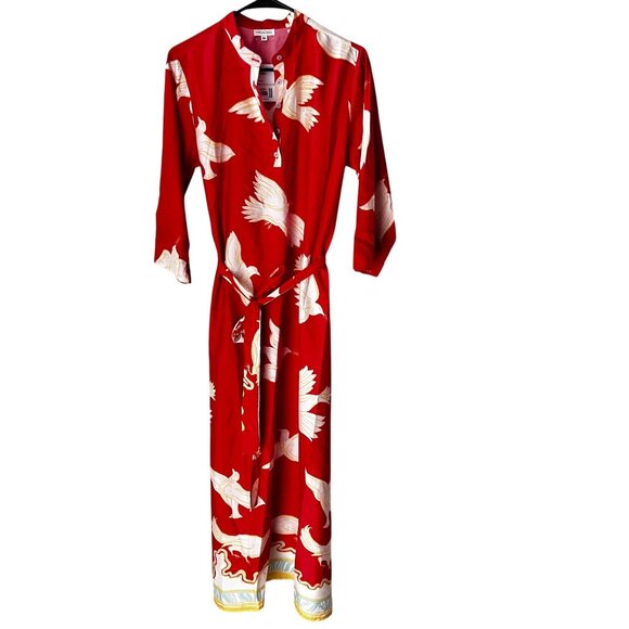 Modaposa Elina 3/4 Sleeve Red Maxi Caftan Dress Detachable Belt & Bird Print - Picture 1 of 5